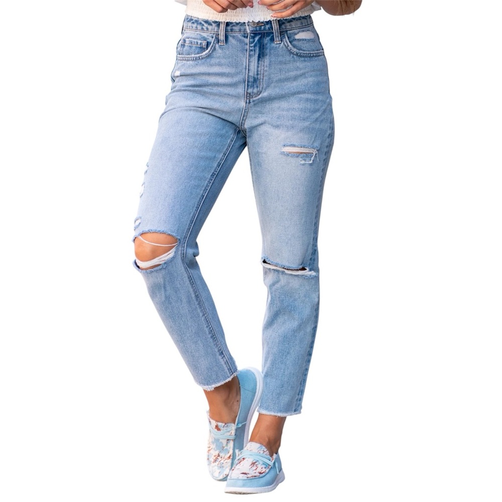 Vervet Super High Rise Beverly Slim Straight Distressed Medium Wash Blue Jeans